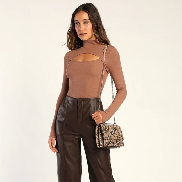 LULU’S Flirty Little Secret Brown Ribbed Mock Neck Cutout Long Sleeve Top - Picture 2 of 6